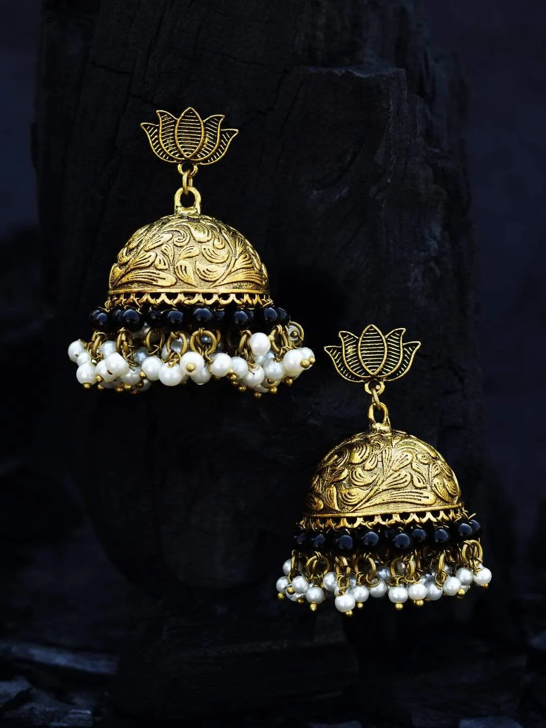 Rubans oxidised gold toned lotus contemporary jhumka earrings