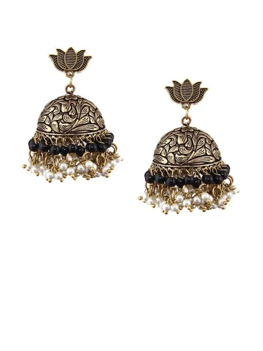 Rubans oxidised gold toned lotus contemporary jhumka earrings