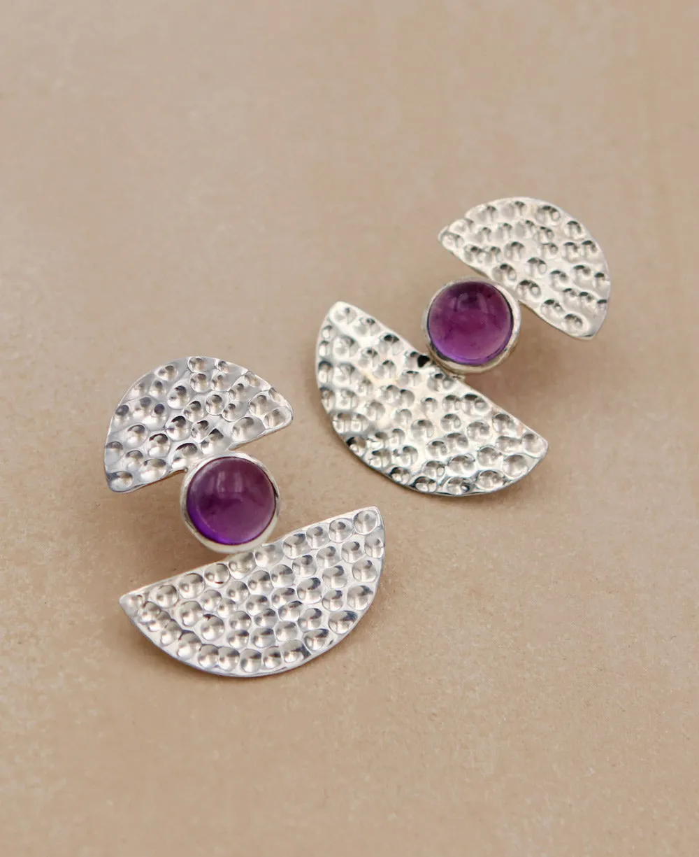 Semi-Circle Geometric Stud Earrings With Amethyst