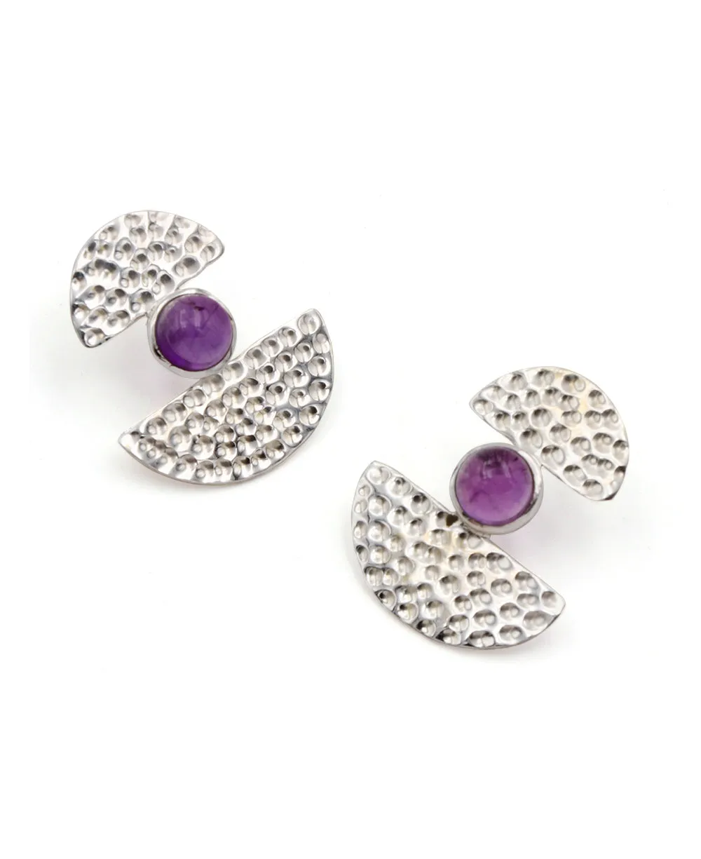 Semi-Circle Geometric Stud Earrings With Amethyst