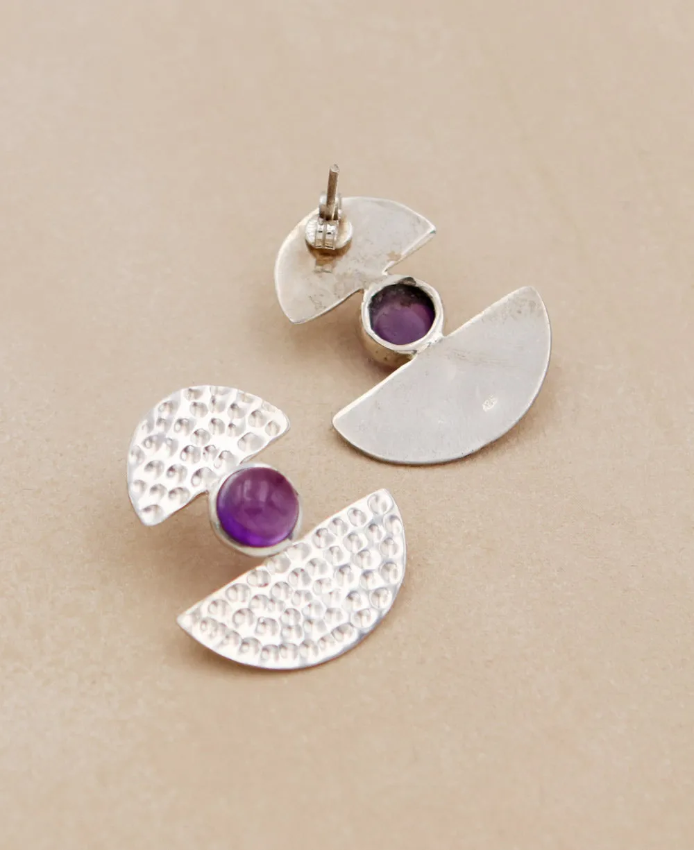 Semi-Circle Geometric Stud Earrings With Amethyst