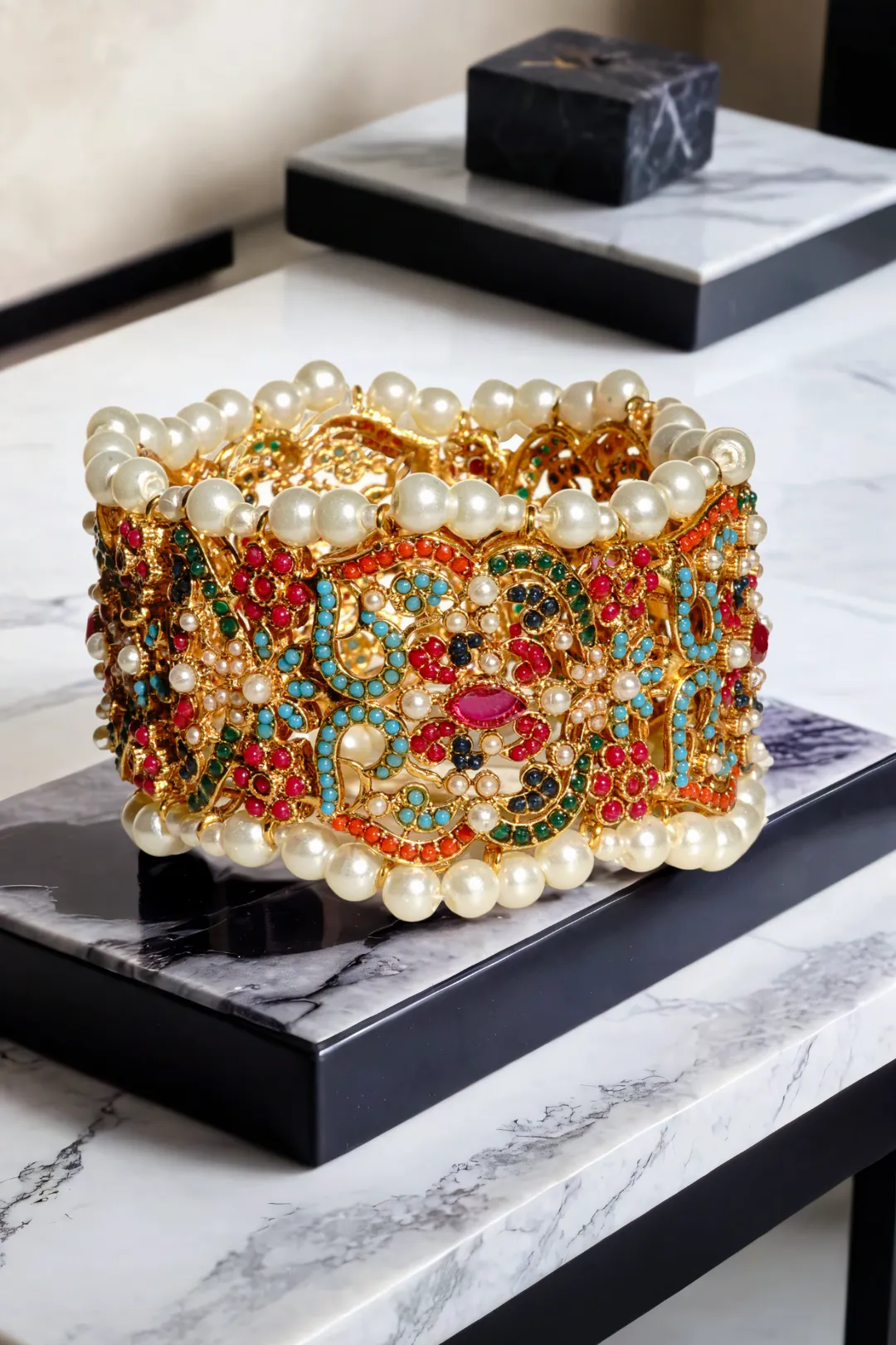 Shama Gold-Plated Multicolor Statement Bangle with Pearl Accents (1 PC.)