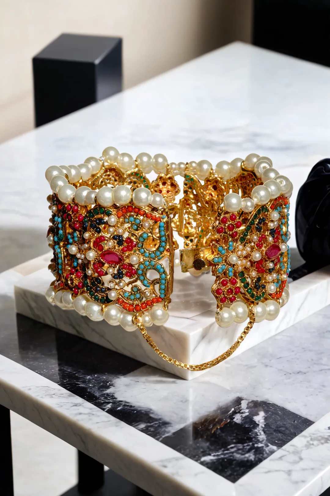 Shama Gold-Plated Multicolor Statement Bangle with Pearl Accents (1 PC.)