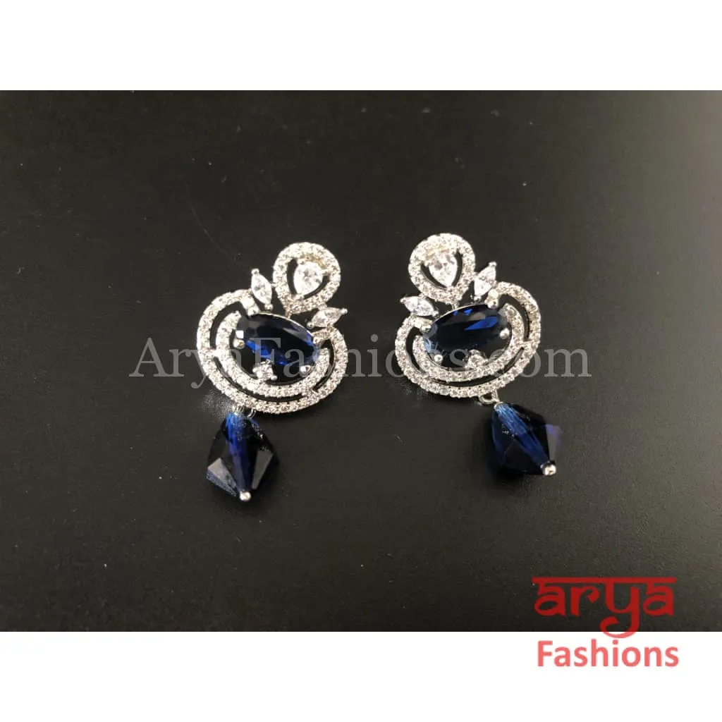 Silver Cubic Zirconia studs with Dark Blue Beads