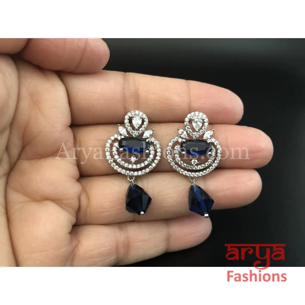 Silver Cubic Zirconia studs with Dark Blue Beads