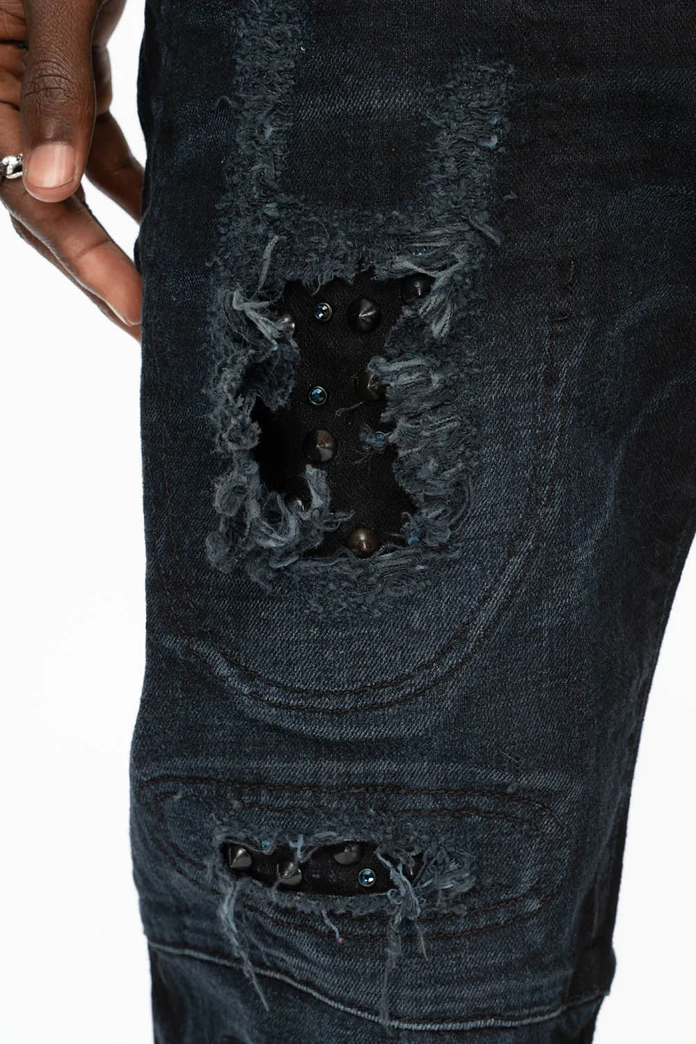 SLIM JEANS WITH OVAL PATCHES WITH STUDS AND CRYSTALS IN F_ED UP BLACK