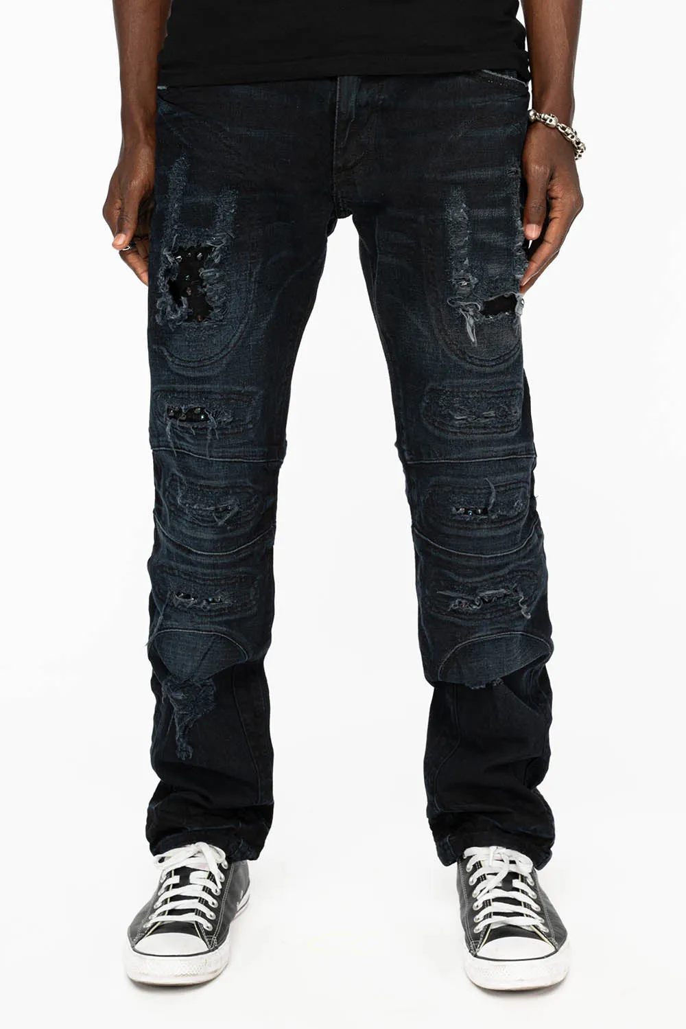 SLIM JEANS WITH OVAL PATCHES WITH STUDS AND CRYSTALS IN F_ED UP BLACK