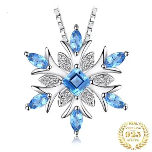 Snowflake Natural Swiss Blue Topaz Pendant Necklace 925 Sterling Silver Gemstones Choker Statement Necklace For Women