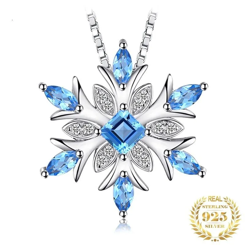 Snowflake Natural Swiss Blue Topaz Pendant Necklace 925 Sterling Silver Gemstones Choker Statement Necklace For Women