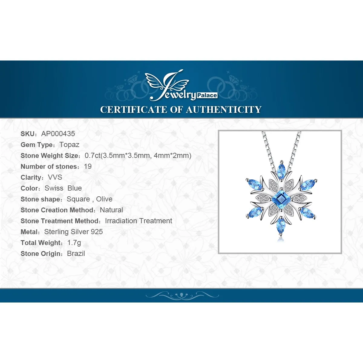 Snowflake Natural Swiss Blue Topaz Pendant Necklace 925 Sterling Silver Gemstones Choker Statement Necklace For Women