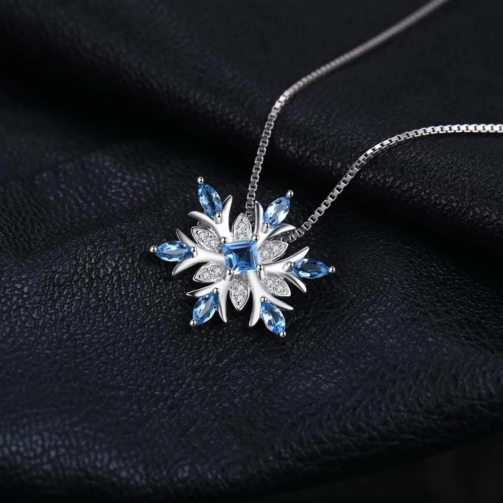 Snowflake Natural Swiss Blue Topaz Pendant Necklace 925 Sterling Silver Gemstones Choker Statement Necklace For Women