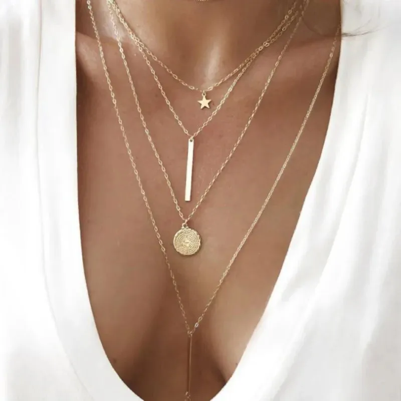 Star Collar Pendant Boho Multilayer Women Golden Metal Jewelry For New Vintage Necklace