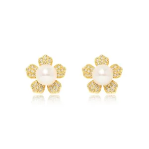 Stella gold sparkle flower studs with cultured freshwater pearls