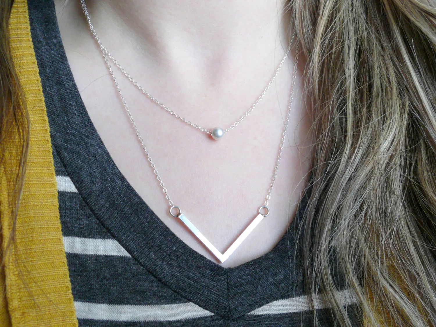 Sterling silver Long layered necklace silver chevron necklace double strand necklace Layering necklace set layer necklace