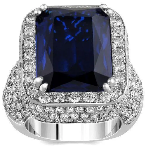 Sterling Silver Rhodium Plated Semi-Precious Crystal Mens Sapphire Ring