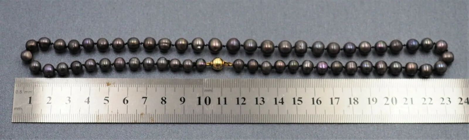 Strand of Black Freshwater PEARLS of Good Lustre with 9ct Yellow Gold Ball Clasp