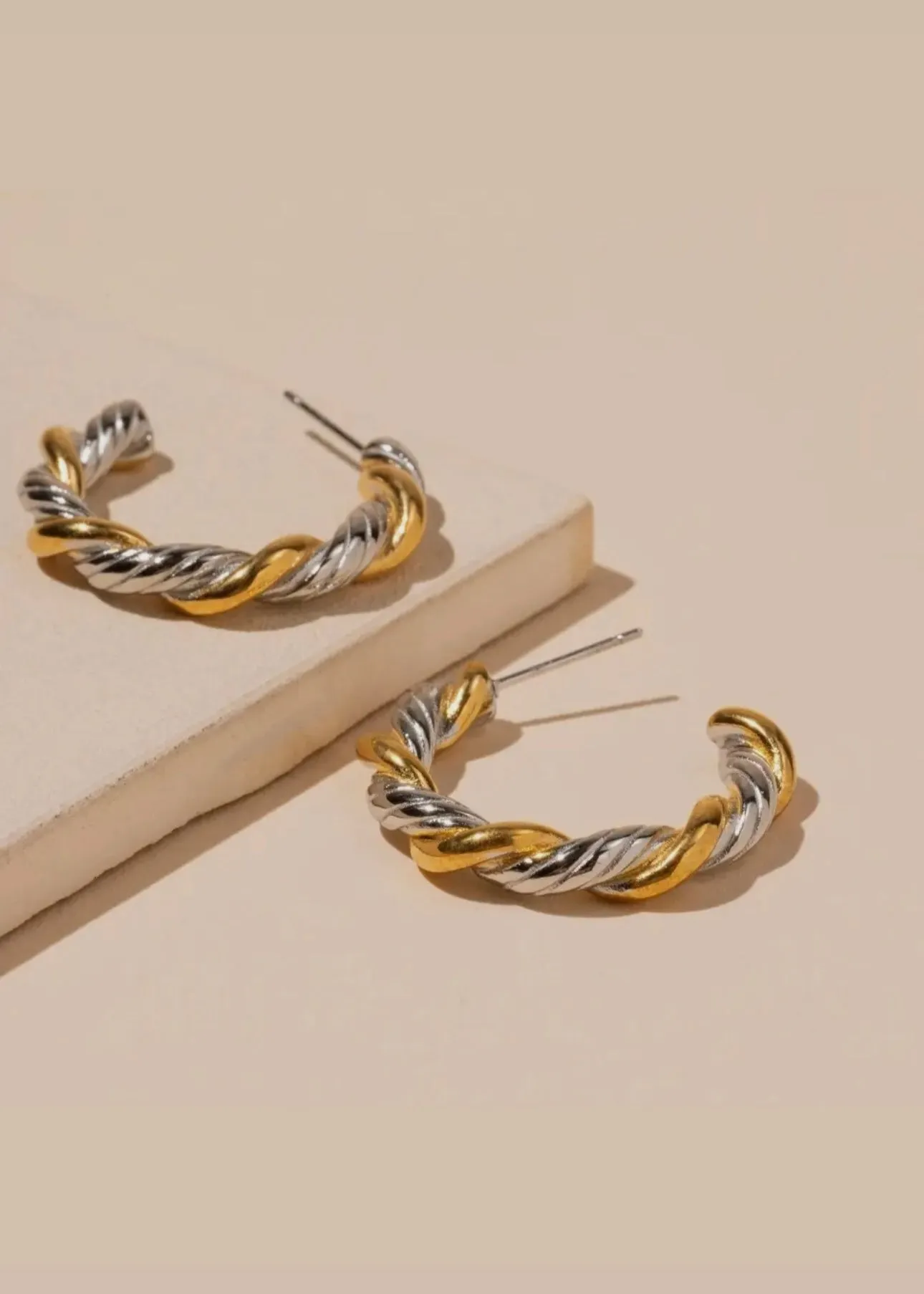 Twisted 18k Gold Dipped Stainless Steal Mixed Metal Earrings