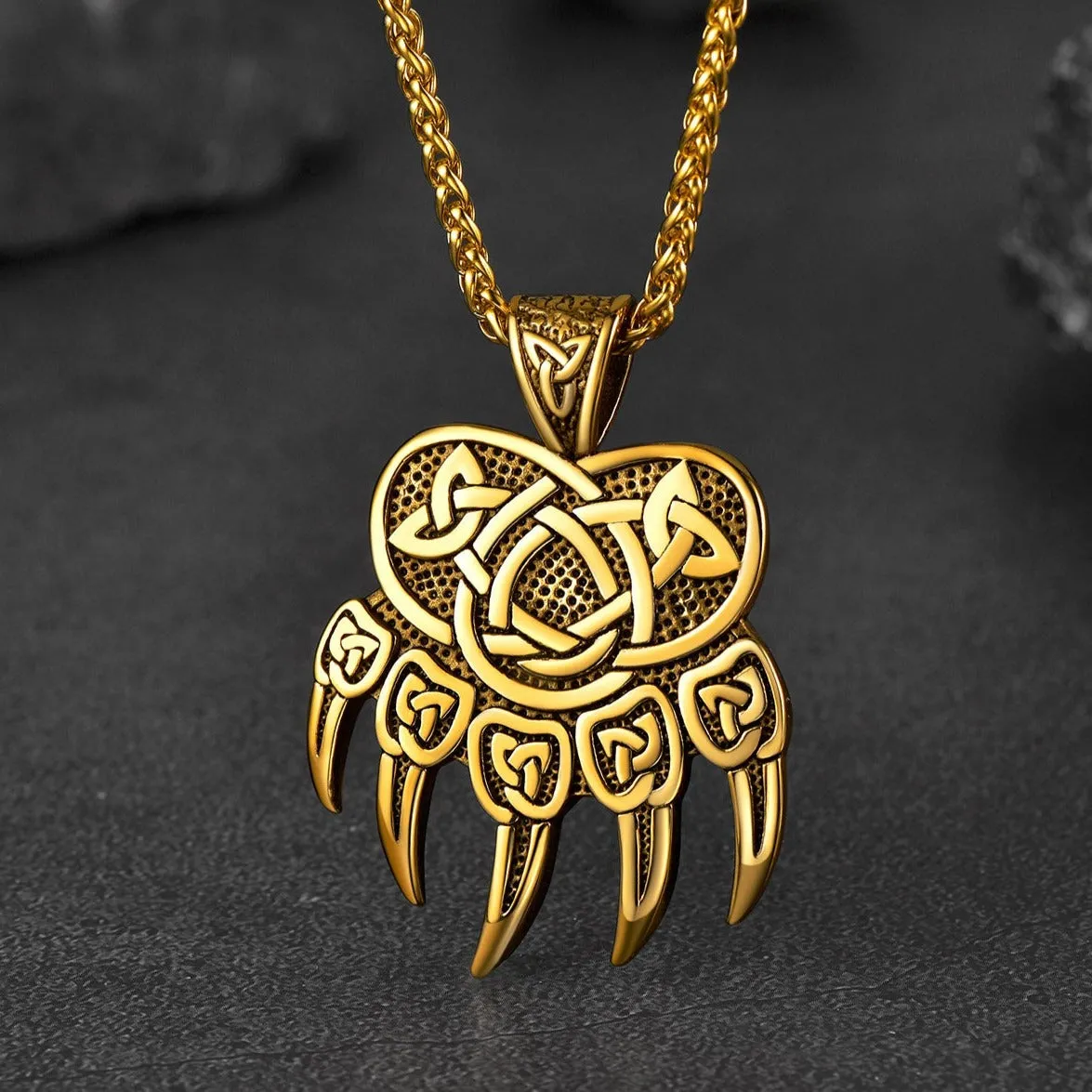 Viking Bear Paw Necklace with Celtic Knot For Men