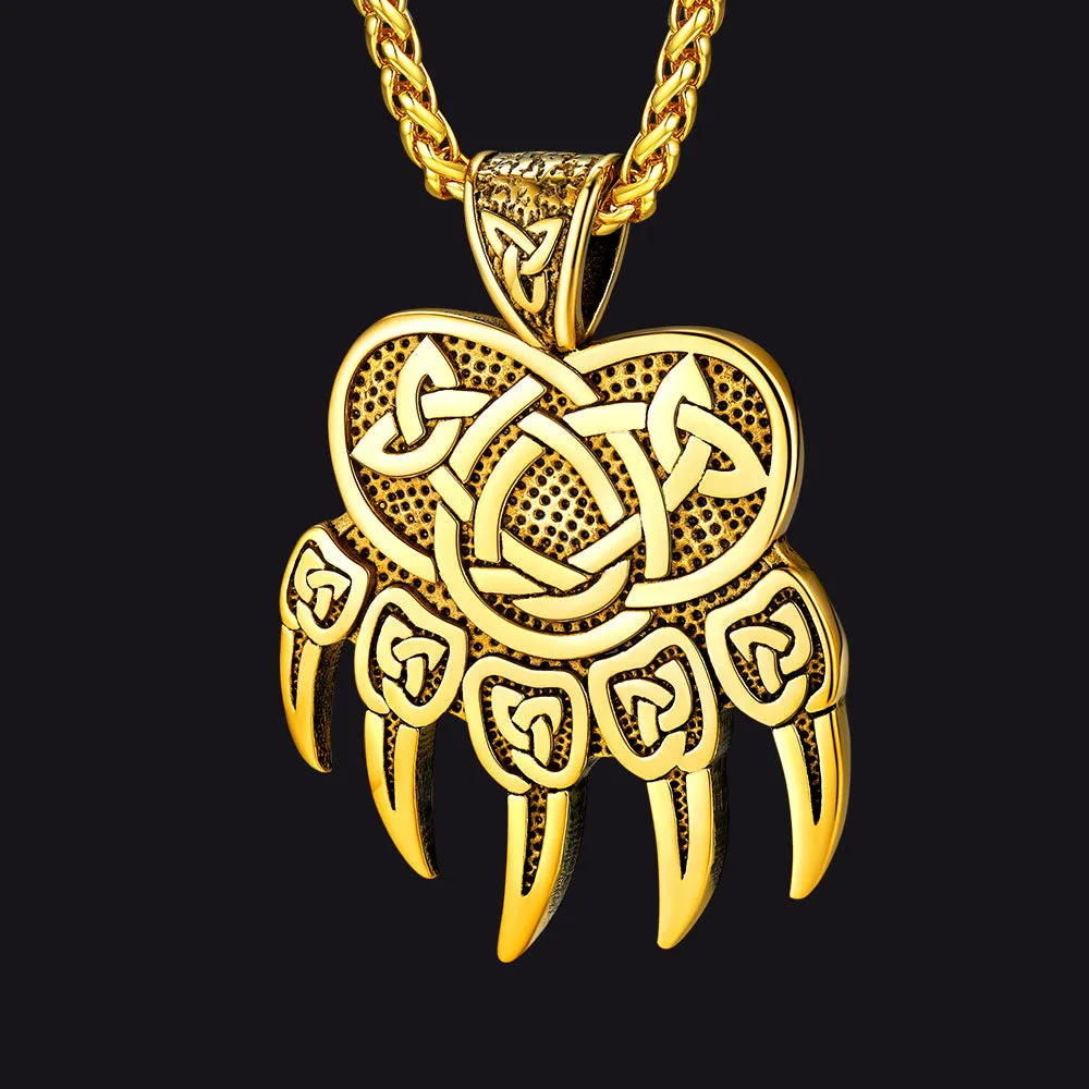 Viking Bear Paw Necklace with Celtic Knot For Men