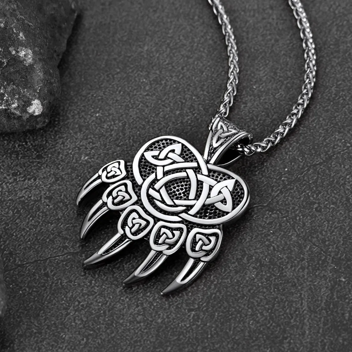 Viking Bear Paw Necklace with Celtic Knot For Men