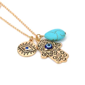 Vintage Multilayer Gold Plated Chain Fatima hamsa Hand Pendants Necklace Luck Hand Turquoise Palm nice Necklace collares