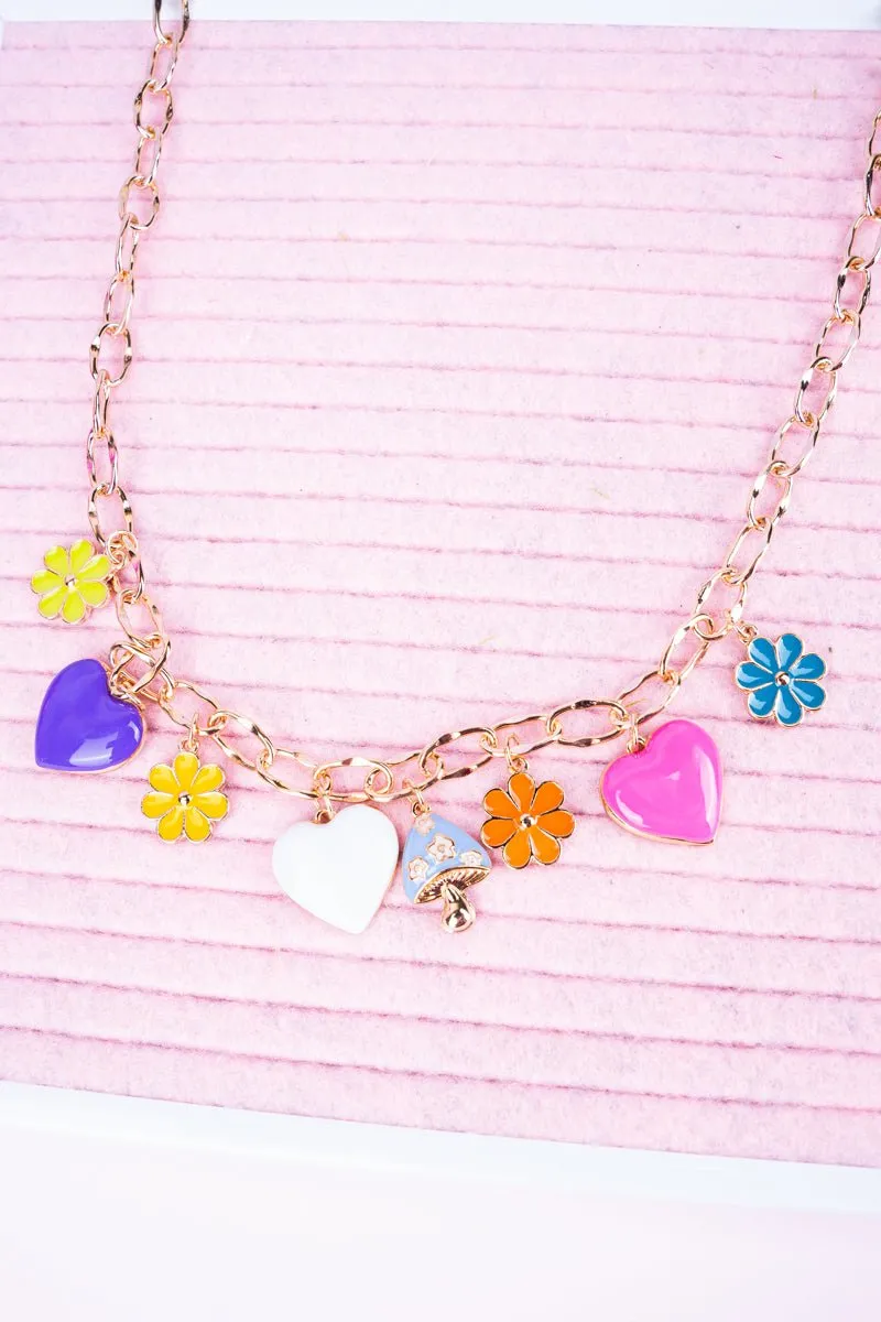 Viola Springs Flowers and Hearts Goldtone Charm Necklace