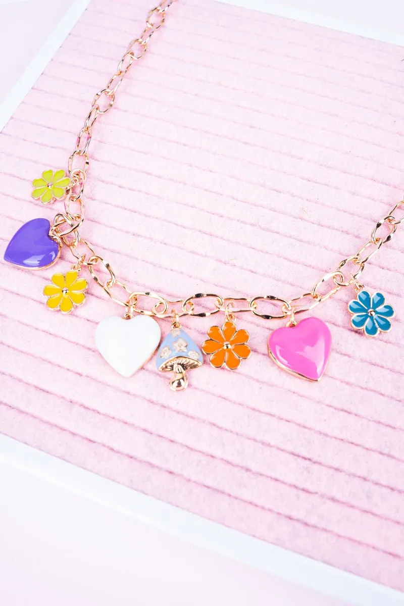 Viola Springs Flowers and Hearts Goldtone Charm Necklace