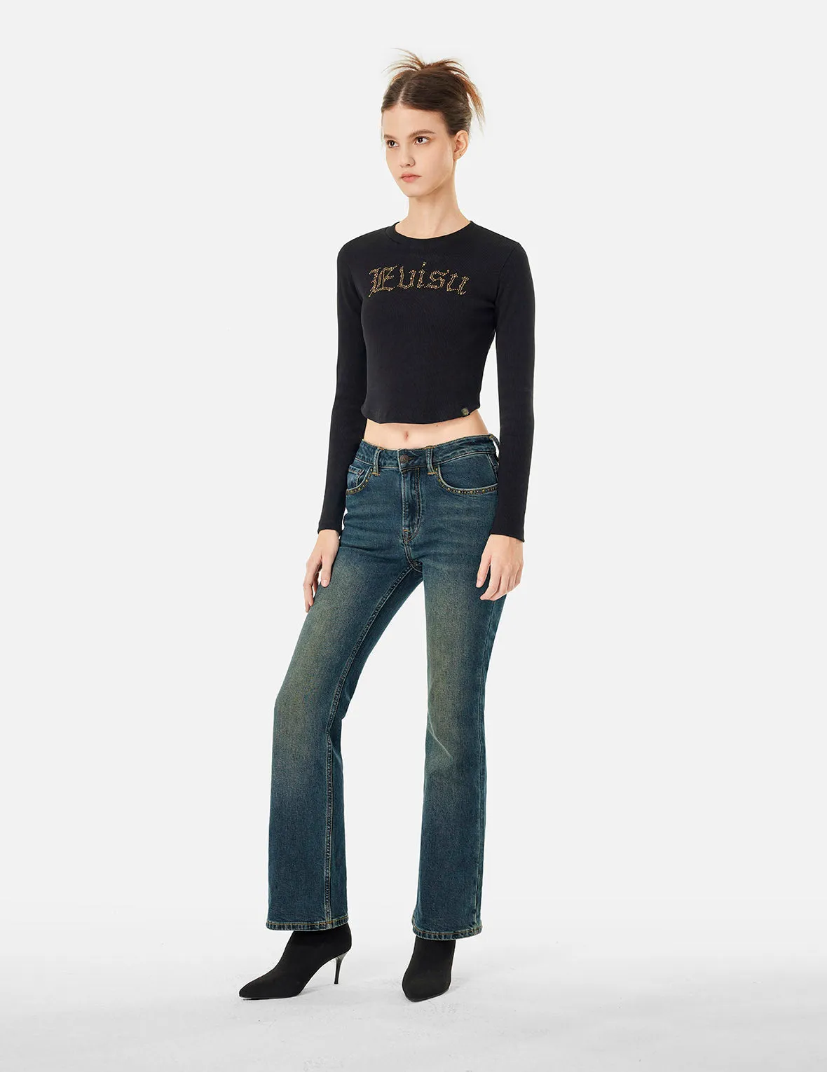 Washed Studs Embellished Logo Flare Fashion Fit Jeans