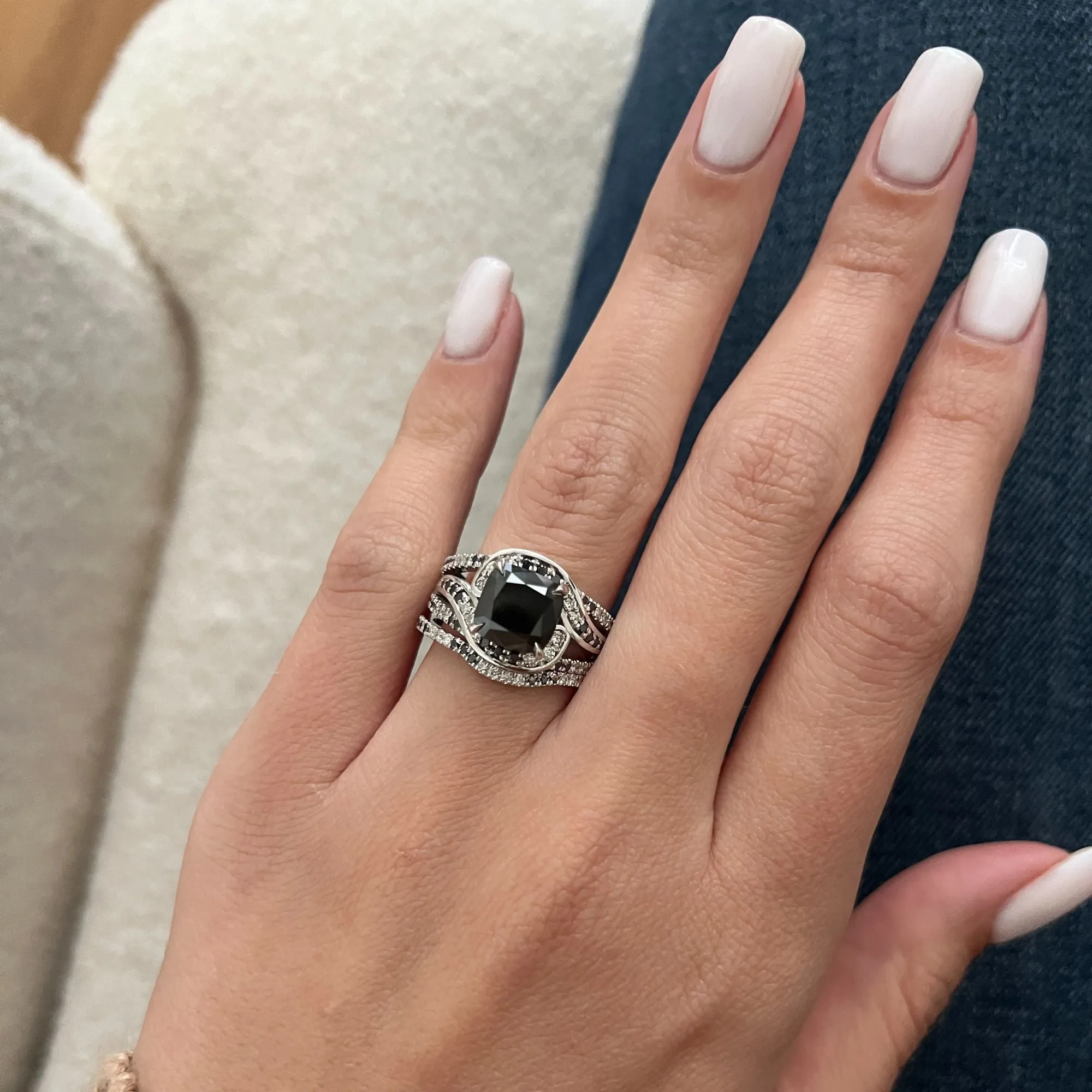 White Night -   Black & White   Natural Black Diamond Cushion Engagement Ring  in White Gold