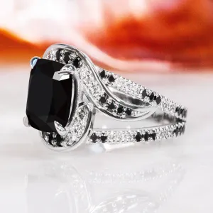 White Night -   Black & White   Natural Black Diamond Cushion Engagement Ring  in White Gold