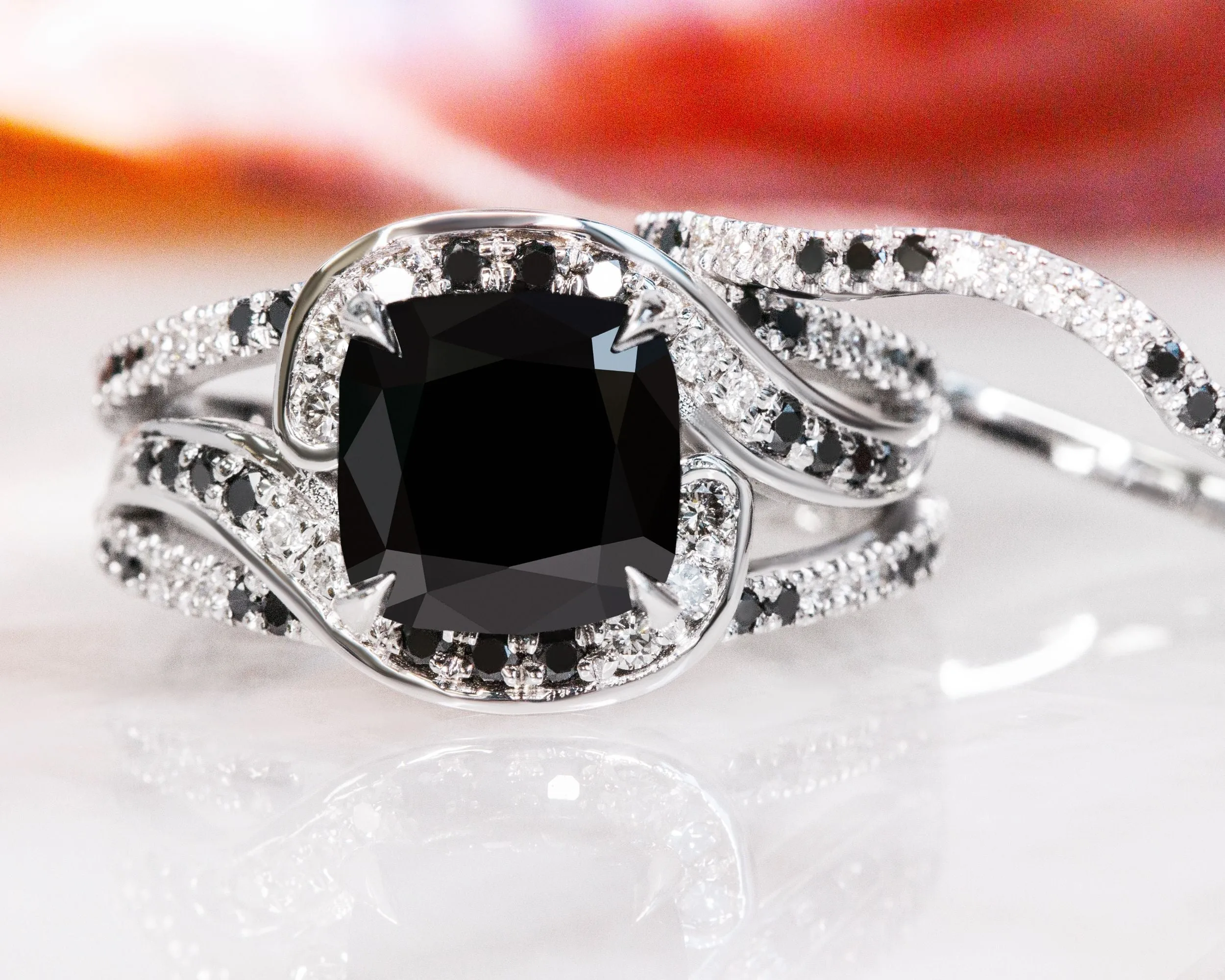 White Night -   Black & White   Natural Black Diamond Cushion Engagement Ring  in White Gold