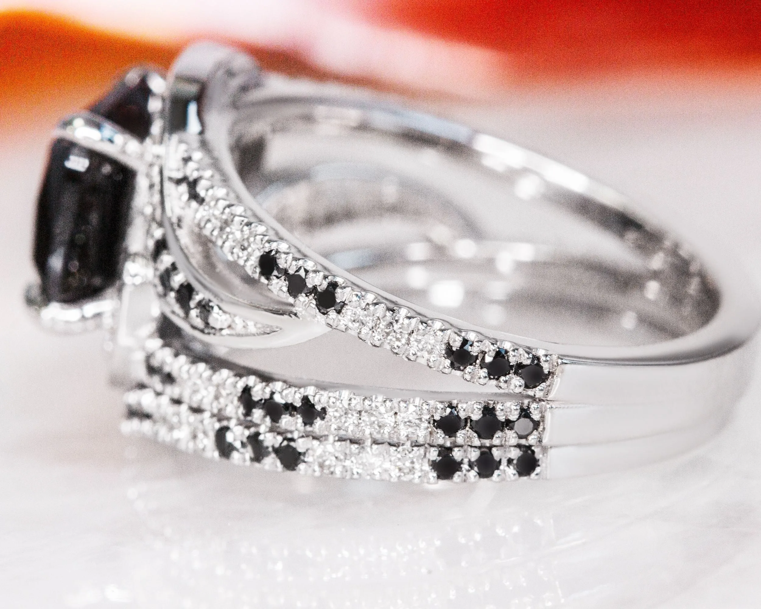 White Night -   Black & White   Natural Black Diamond Cushion Engagement Ring  in White Gold