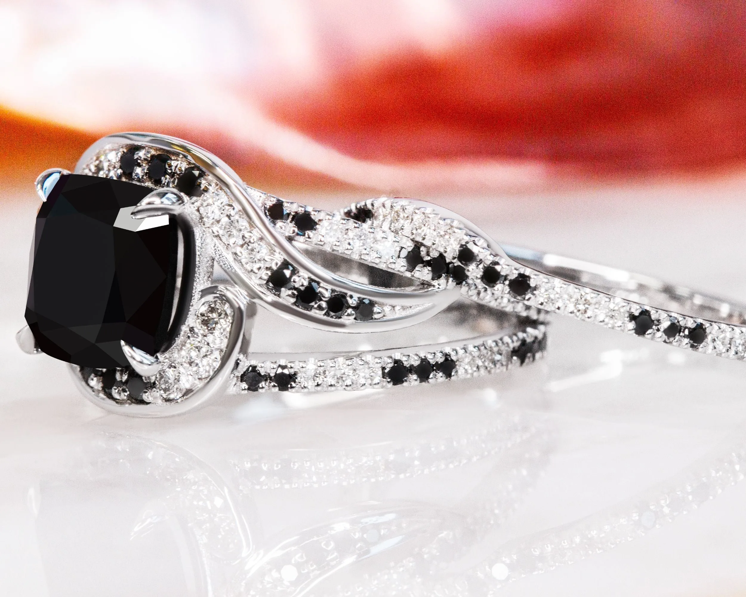 White Night -   Black & White   Natural Black Diamond Cushion Engagement Ring  in White Gold