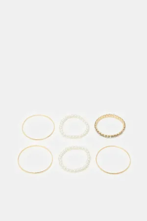 Women Gold And White Embellished Bracelets Set (8 Piece)